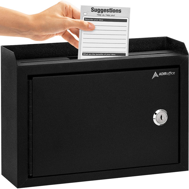 Adir Corp. Adir Suggestion Box with Slot and Lock - Drop Box with Lock, Cash Dropbox - 9.8x7.5x3.4 Inches Wall Mount Donation Box - Metal Deposit Box in Black - Image 1